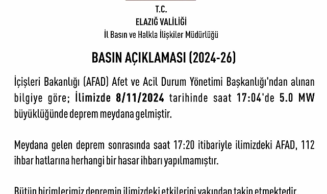 Elazığ Valiliği: "Deprem sonrası herhangi bir hasar ihbarı yapılmamıştır"