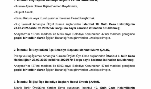 İçişleri Bakanlığı İmamoğlu'nun görevinden uzaklaştırıldığını ve Şişli Belediye Başkanı Şahan'ın yerine kayyum atandığını duyurdu